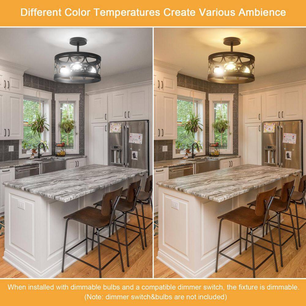 12.6 in. 3-Light Black Farmhouse Drum Semi-Flush Mount Light with Metal Shade - Hercitys