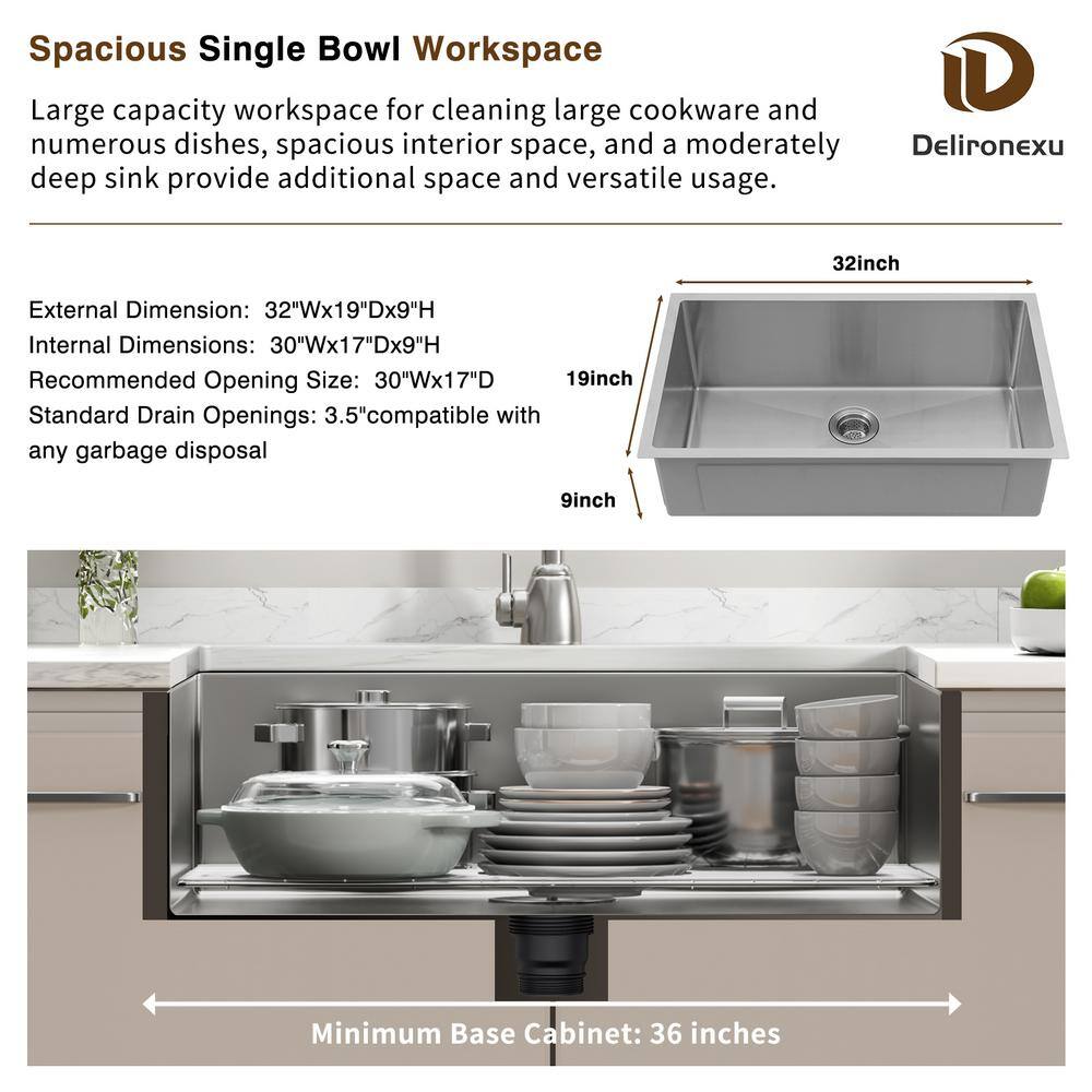 32 in. Undermount Kitchen Sink-16 Gauge Stainless Steel Single Bowl, Modern Design with Grid, Strainer and Drying Rack - Hercitys