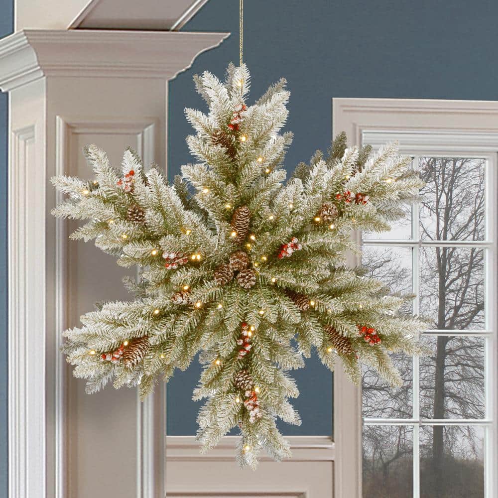 32 in. Snowy Dunhill Fir Double-Sided Snowflake with Battery Operated LED Lights - Hercitys