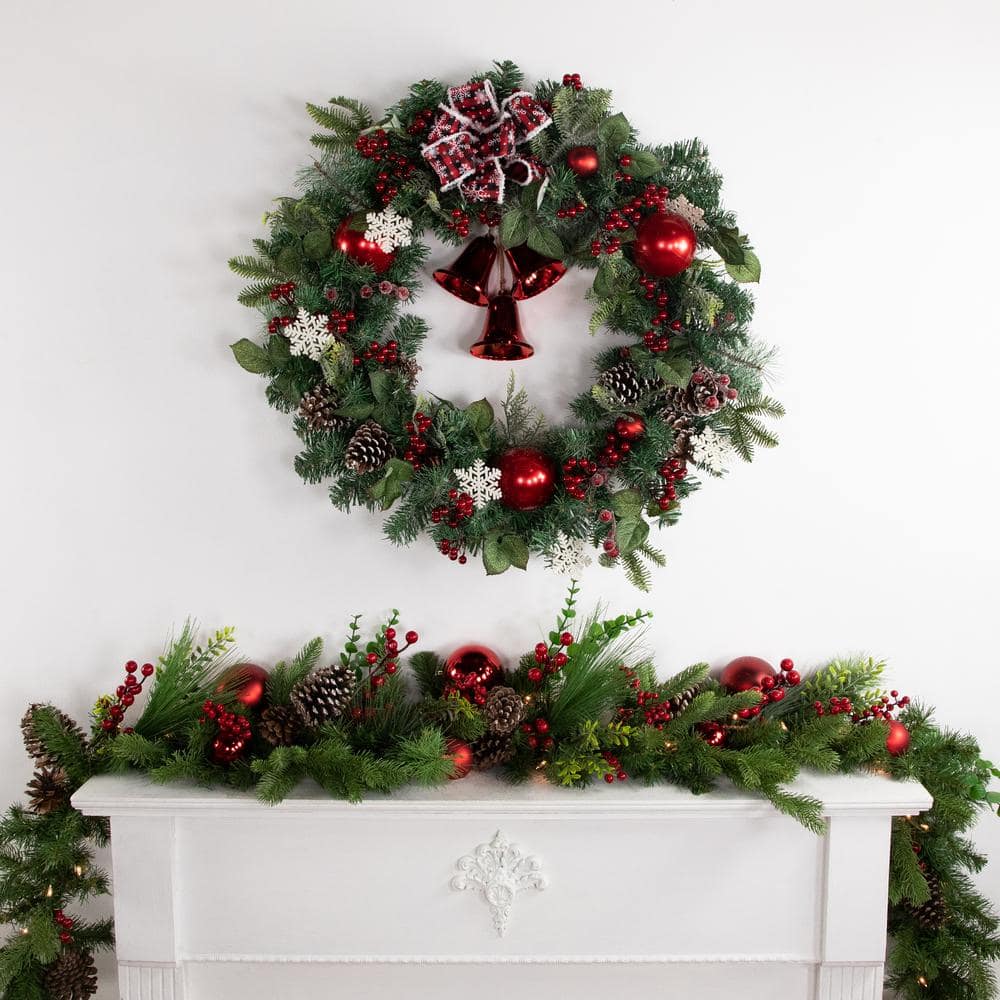 30 in. Unlit Red Bells and Mixed Foliage Artificial Christmas Wreath - Hercitys