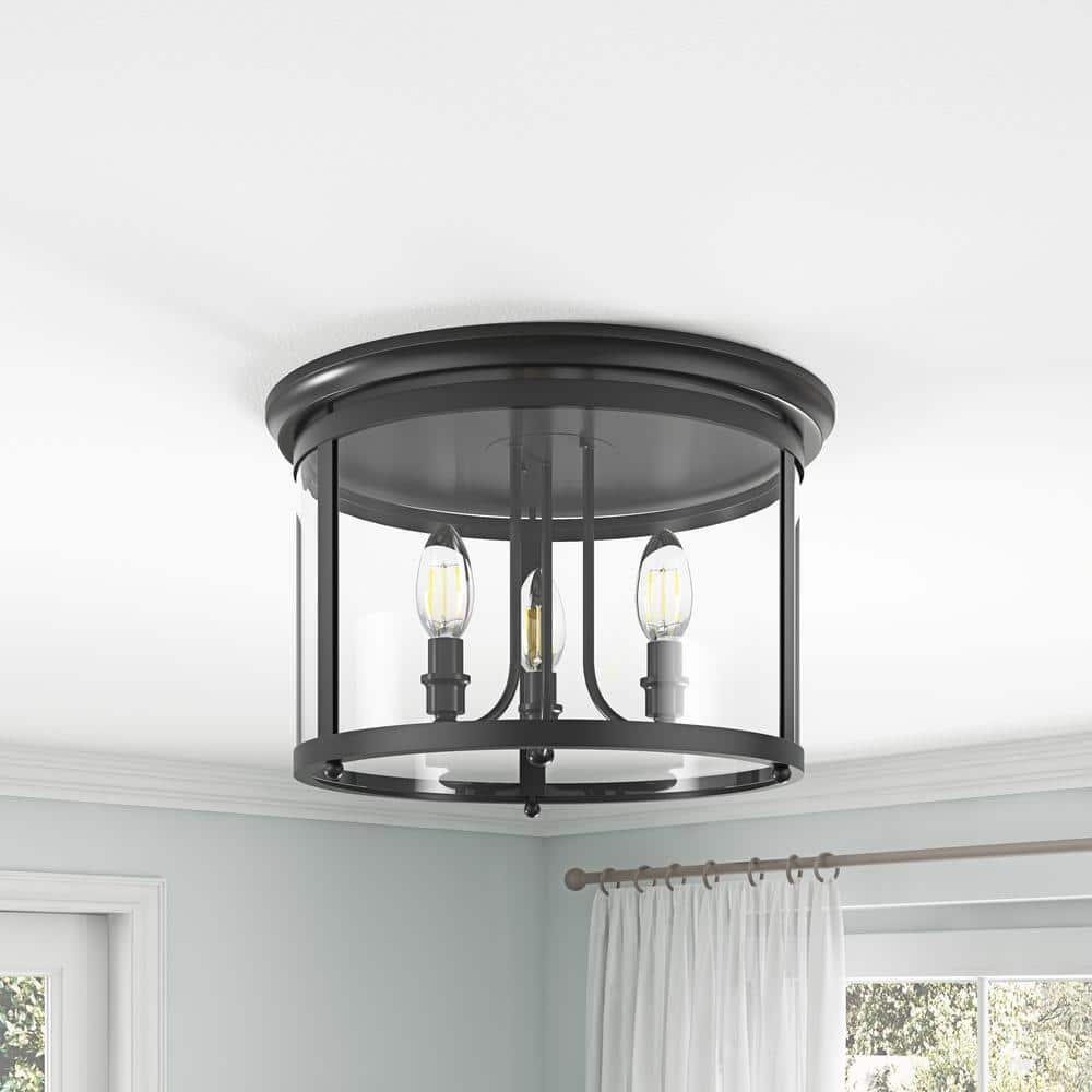 14.37 in. 3-Light Industrial Black Flush Mount Modern Ceiling Lighting Fixture with Clear Glass Shade - Hercitys