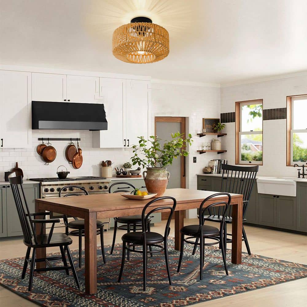 11.8 in. 1-Light Bohemian Natural Rattan Semi-Flush Mount Ceiling Light - Hercitys