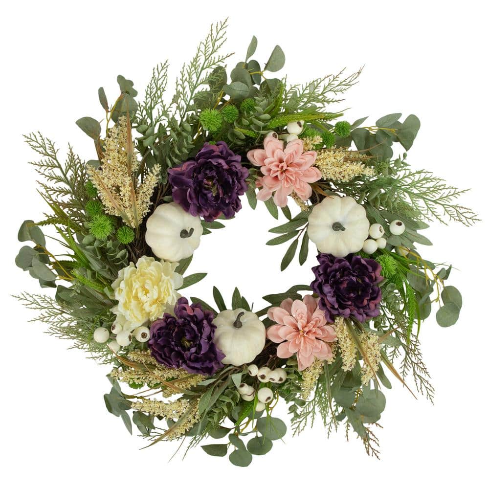 24 in. Unlit Peony and Pumpkin Artificial Fall Harvest Wreath - Hercitys