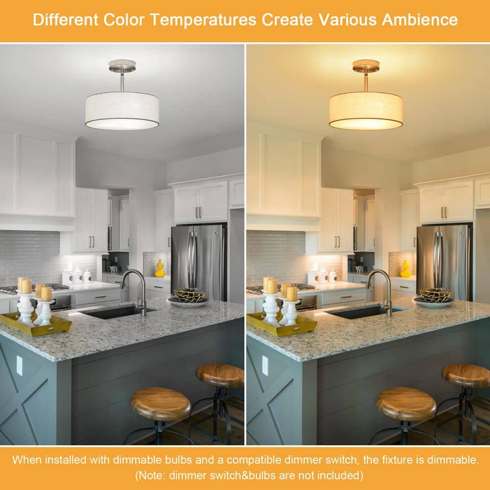 12.6 in. 3-Light Nickel Farmhouse Drum Semi-Flush Mount Light with Linen Cover - Hercitys