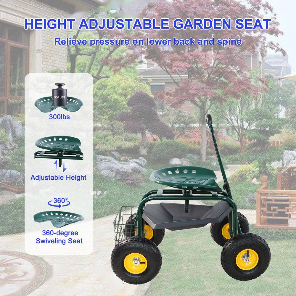 1 cu. ft. Steel Rolling Garden Cart with Tool Tray and 360 Swivel Seat - Hercitys