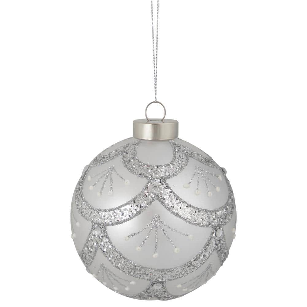4 in. Glittered Cosmoid Silver Glass Christmas Ball Ornament - Hercitys