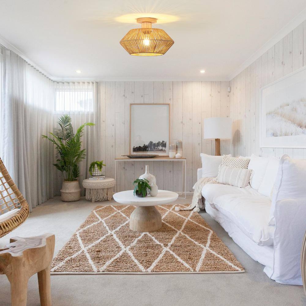 12.6 in. 1-Light Rustic Brown Wooden Semi-Flush Mount Light with Imitation Hemp Rope Shade and No Bulbs Included - Hercitys