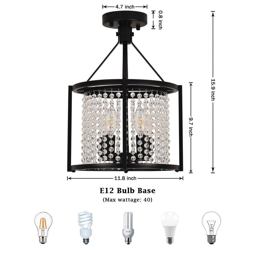 11.8 in. 4-Light Modern Black Lantern Semi-Flush Mount with Crystal Teardrop Pendant Shade - Hercitys