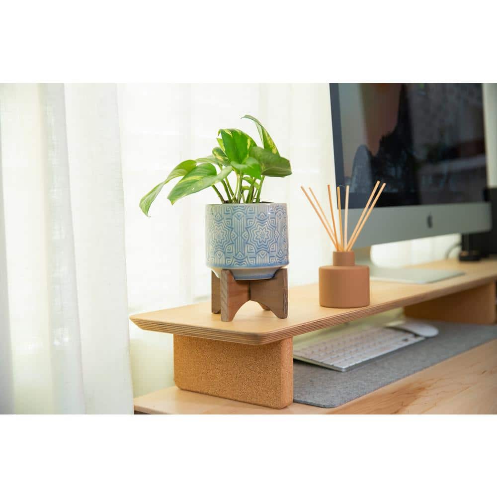 4.25 in. Glass Blue Star Ceramic Plant Pot on Wood Stand Mid-Century Planter - Hercitys