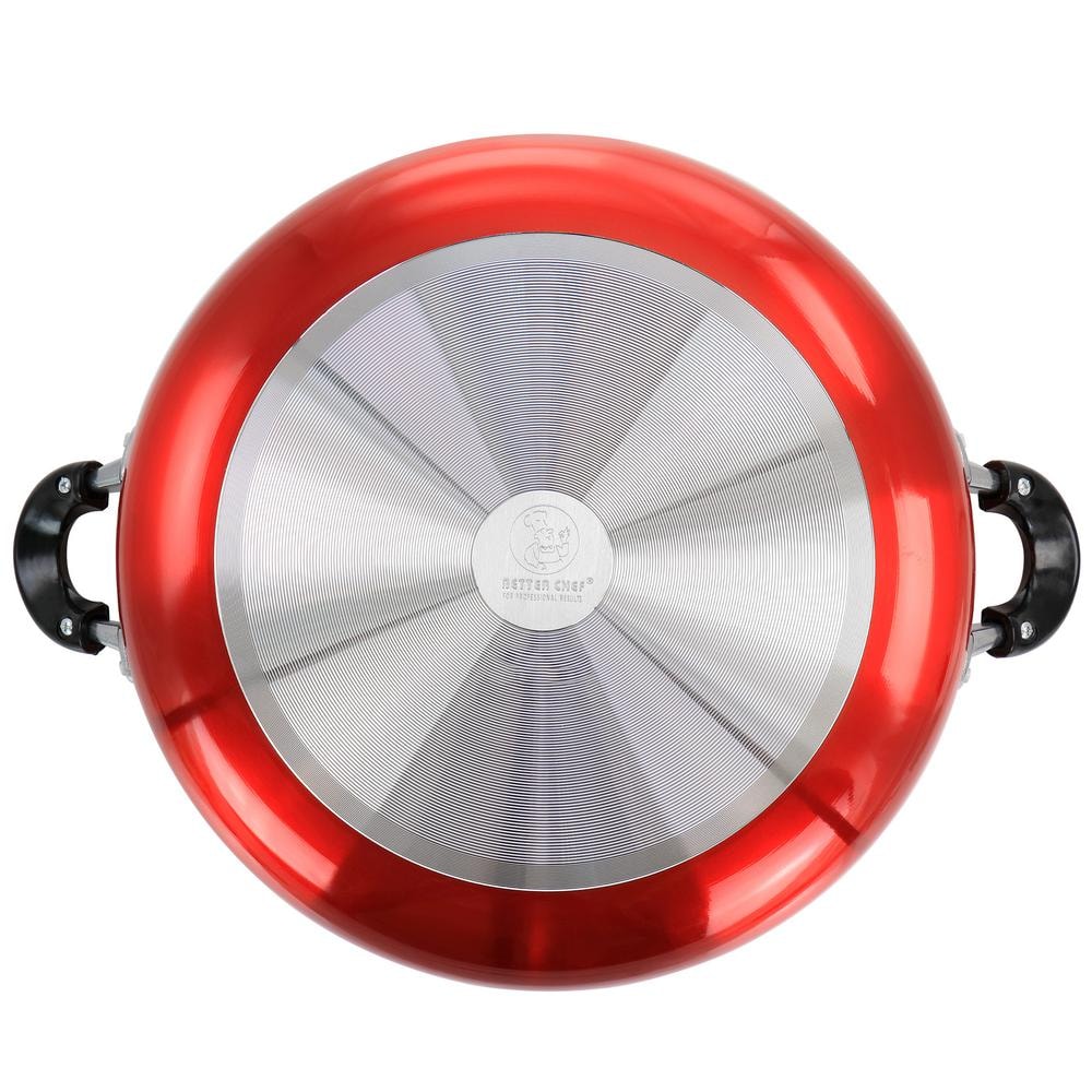 16 in. Red Aluminum Deep Fryer Frying Pan with Glass Lid - Hercitys