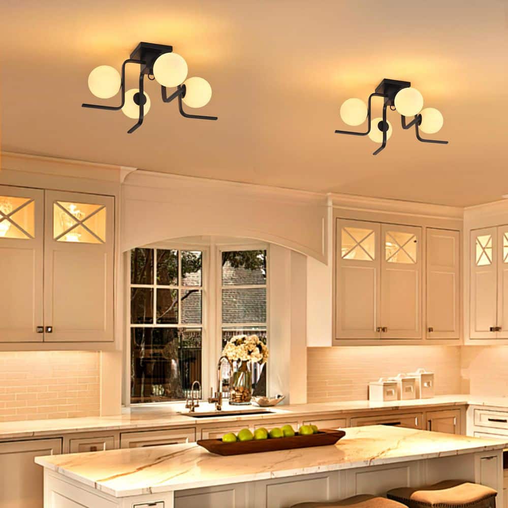 25.6 in. 4-Light Matte Black Industrial Semi-Flush Mount Ceiling Light with White Globe Glass - Hercitys