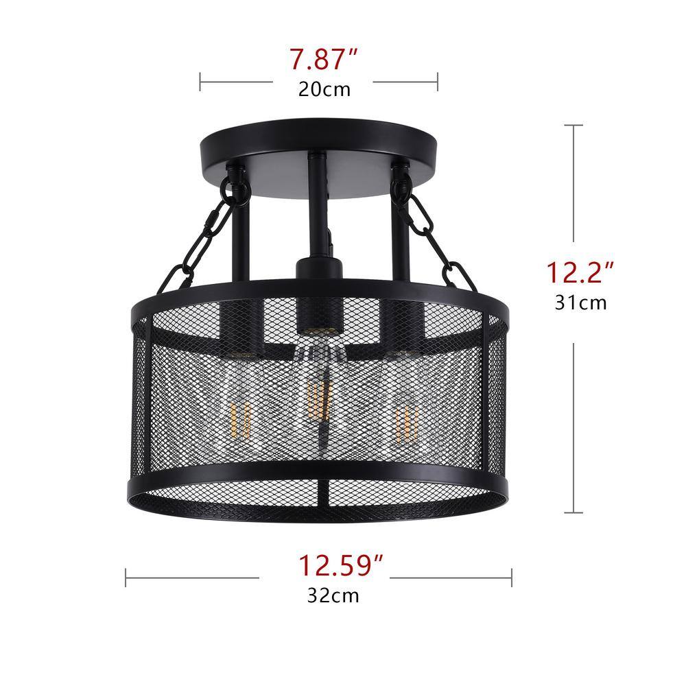 12.59 in. 3-Light Industrial Semi-Flush Mount Black Farmhouse Ceiling Light Fixtures with Metal Mesh Shade - Hercitys