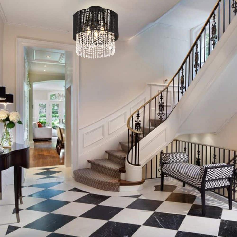 14.97 in. 3-Light Semi-Flush Mount with Rattan Shade and No Bulbs Included - Hercitys