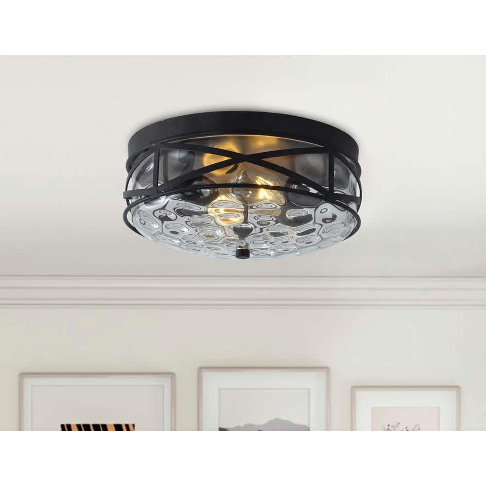11.4 in. 2-Light Farmhouse Flush Mount Ceiling Light Fixture with Water Ripple Glass Shade - Hercitys