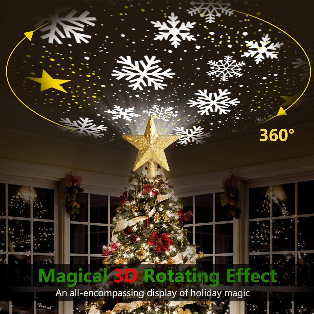 2.56 in. Christmas Tree Topper Light with 360 Rotating Projection, 6-Patterns and Adjustable Projection Range in Gold - Hercitys