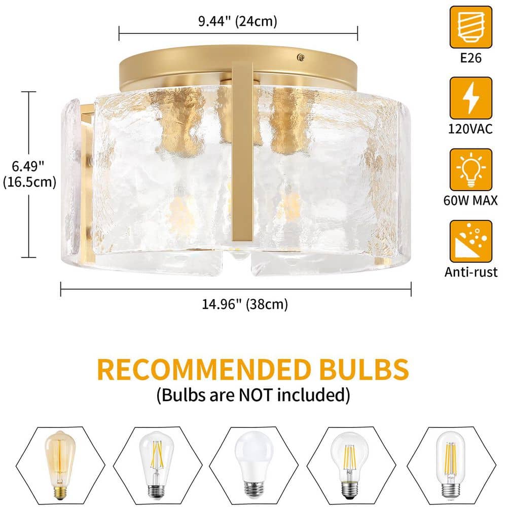 14.96 in. 3-Light Gold Modern Flush Mount Ceiling Light with Water Glass Shade - Hercitys