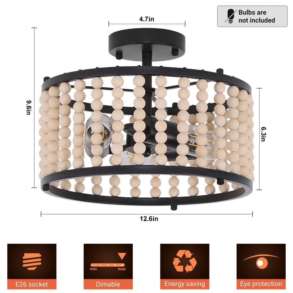 12.6 in. 3-Light Black Farmhouse Wood Beaded Shade Semi-Flush Mount Ceiling Light - Hercitys