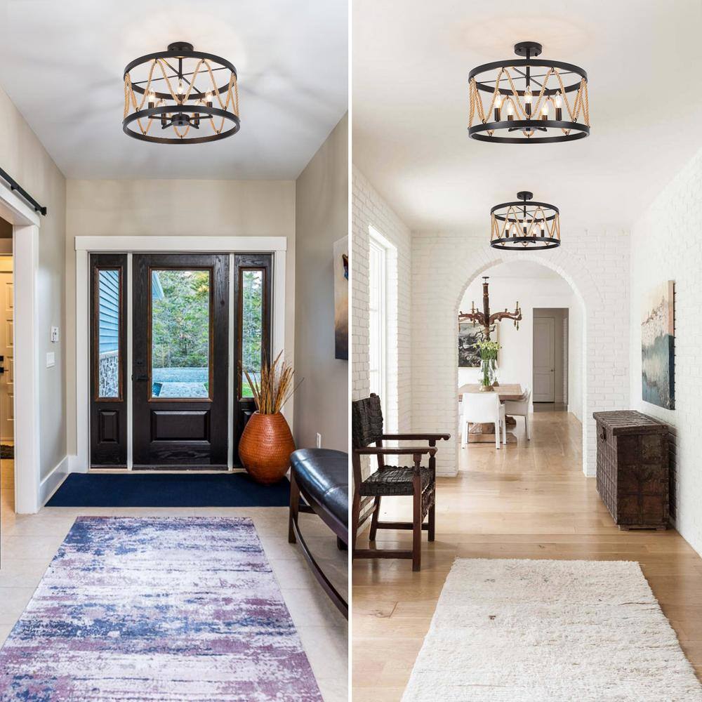 19.68 in. 5-Light Black Drum Metal Hemp Rope Semi-Flush Mount Light，No Bulbs Included - Hercitys