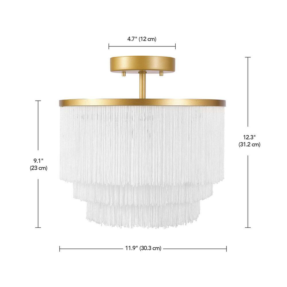 12 in. 1-Light Matte Gold Semi-Flush Mount Ceiling Light with White Fabric Fringe Shade - Hercitys