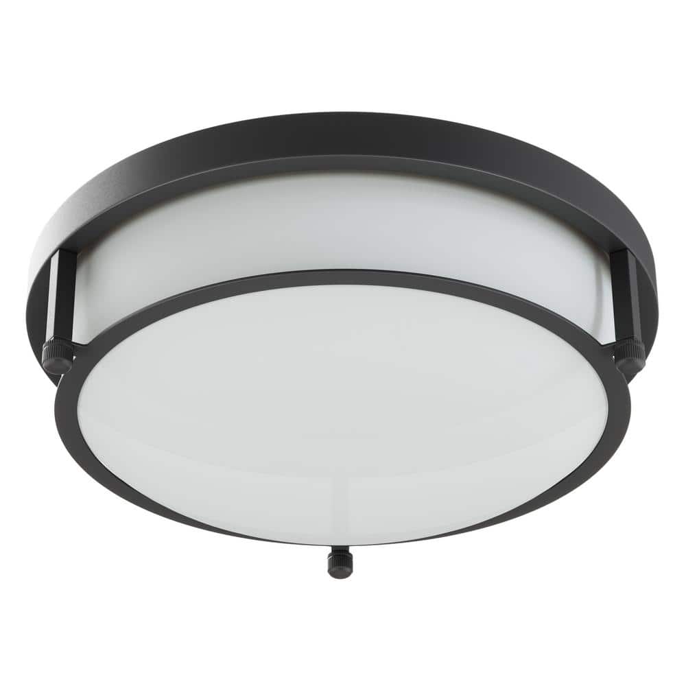 13 in. 2-Light Industrial Black Flush Mount Farmhouse Close to Ceiling Light Fixture with White Glass Shade - Hercitys