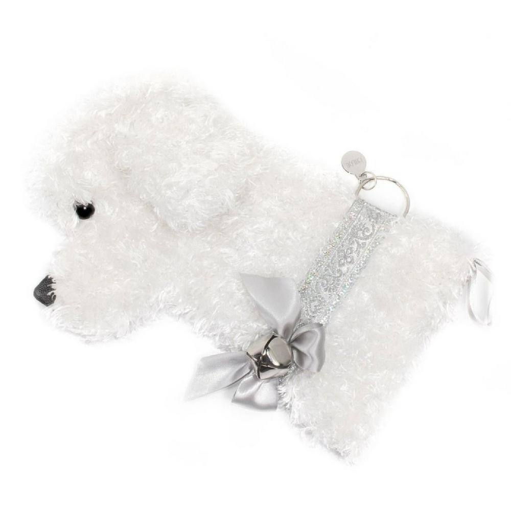22 in. Snowball White Curly Dog Faux Fur Fabric Christmas Stocking - Hercitys