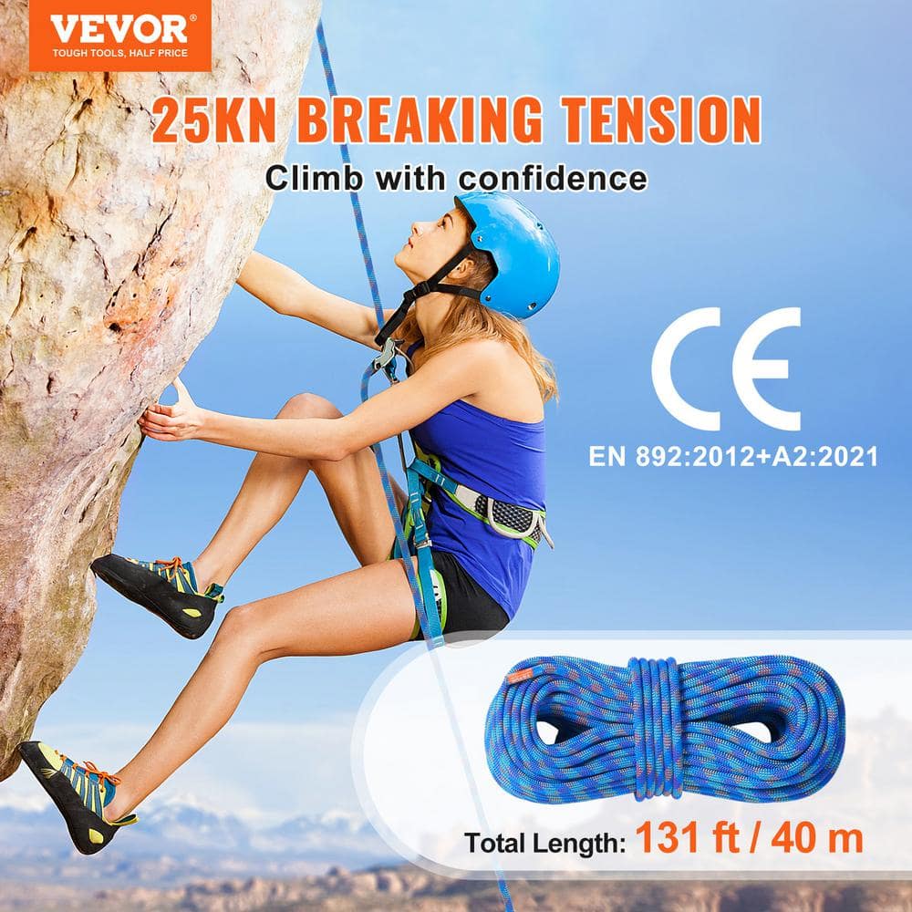 10.2 mm Dynamic Climbing Rope, 40 m, 131 ft. Outdoor Rock Climbing Rope 25 KN Breaking Tension, Stretchable Fiber Rope - Hercitys