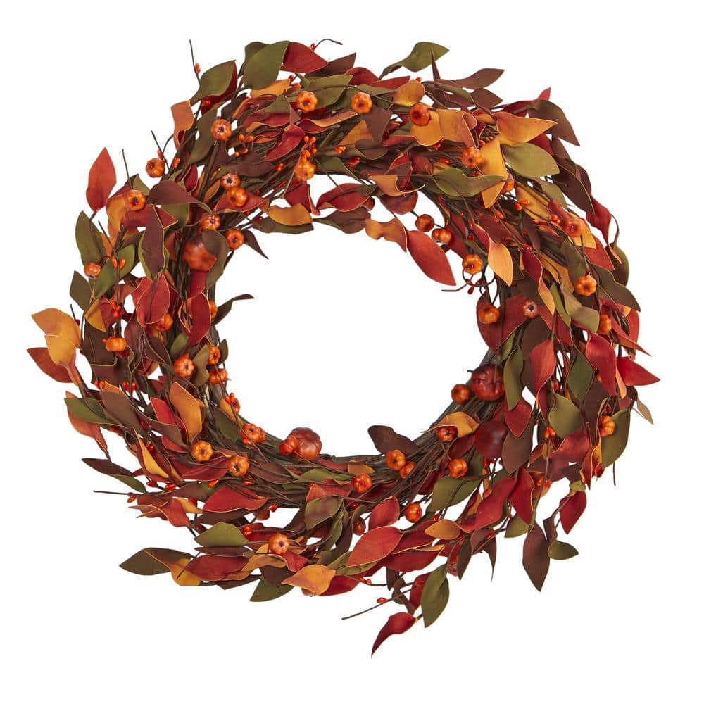 20 in. Harvest Leaf and Mini Pumpkin Artificial Wreath - Hercitys