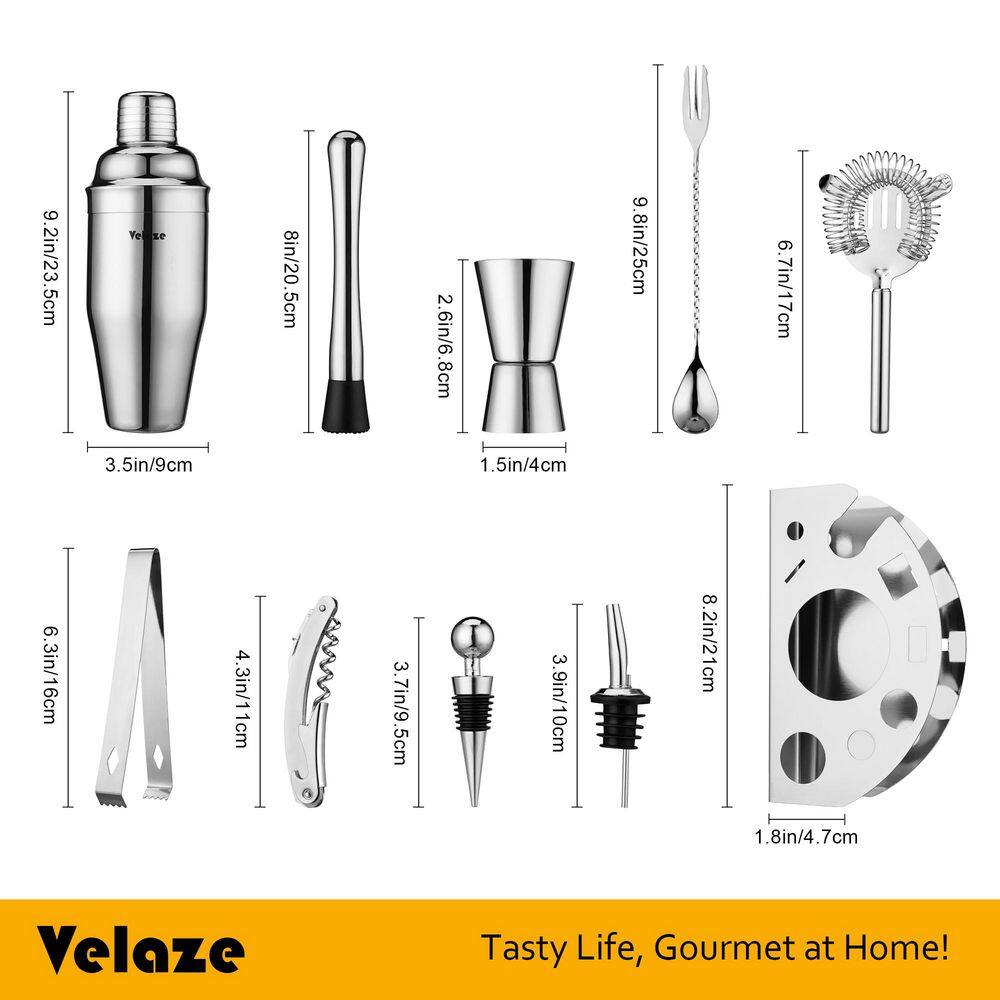 10-Piece Silver Stainless Steel Cocktail Shaker Set Cocktail Shaker 850ml with Pourer Stopper Muddler Mixing Spoon etc. - Hercitys