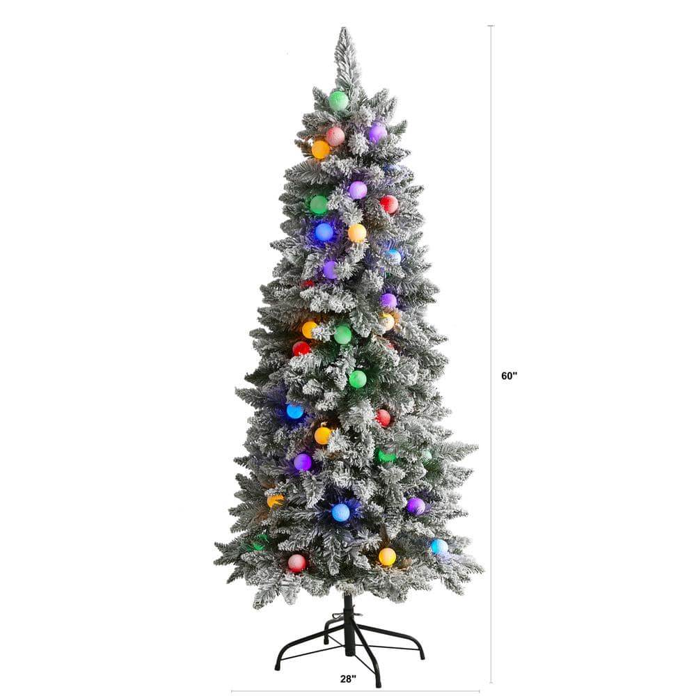 5 ft. Pre-lit Flocked British Columbia Fir Artificial Christmas Tree with 50 Multicolor Globe Bulbs - Hercitys