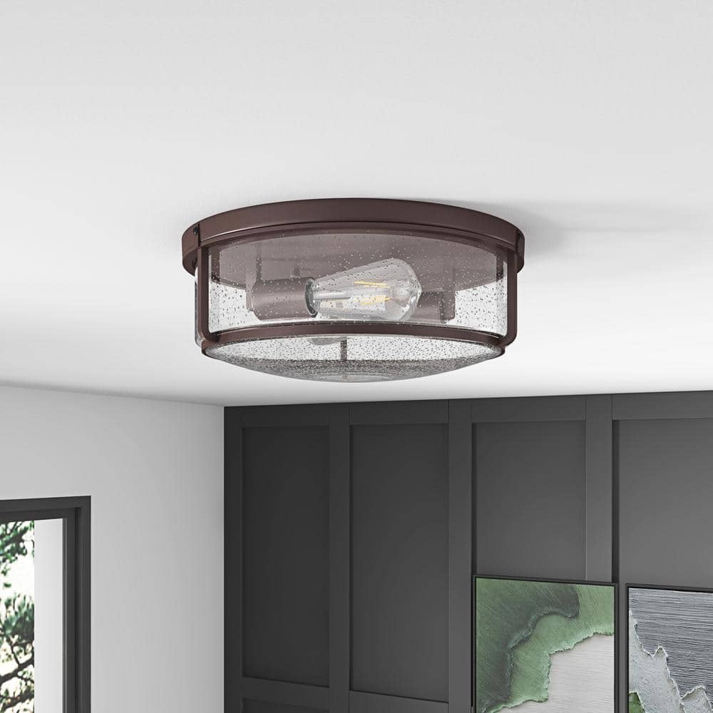 14.17 in. 2-Light Industrial Oil Rubbed Bronze Flush Mount Ceiling Light Fixture with Glass Shade - Hercitys