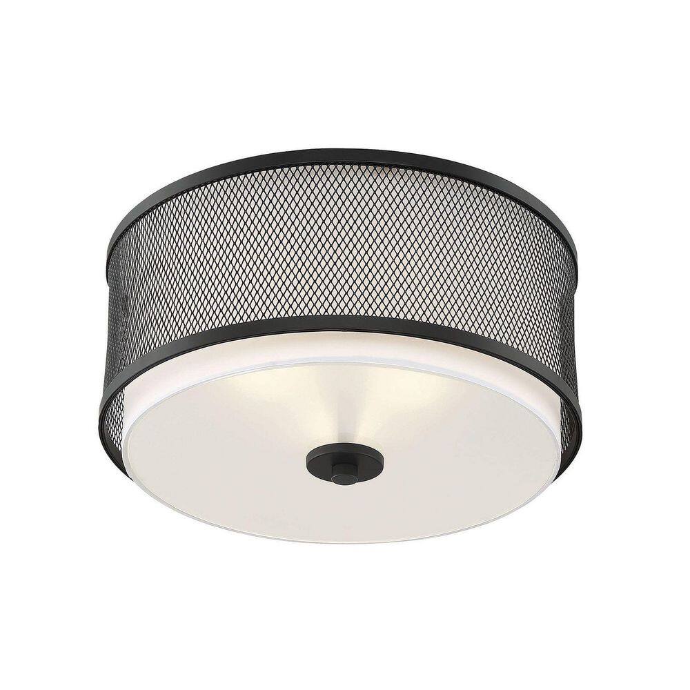 14.75 in. W x 6.25 in. H 3-Light Matte Black Flush Mount Ceiling Light with White Fabric Shade and Metal Mesh Frame - Hercitys