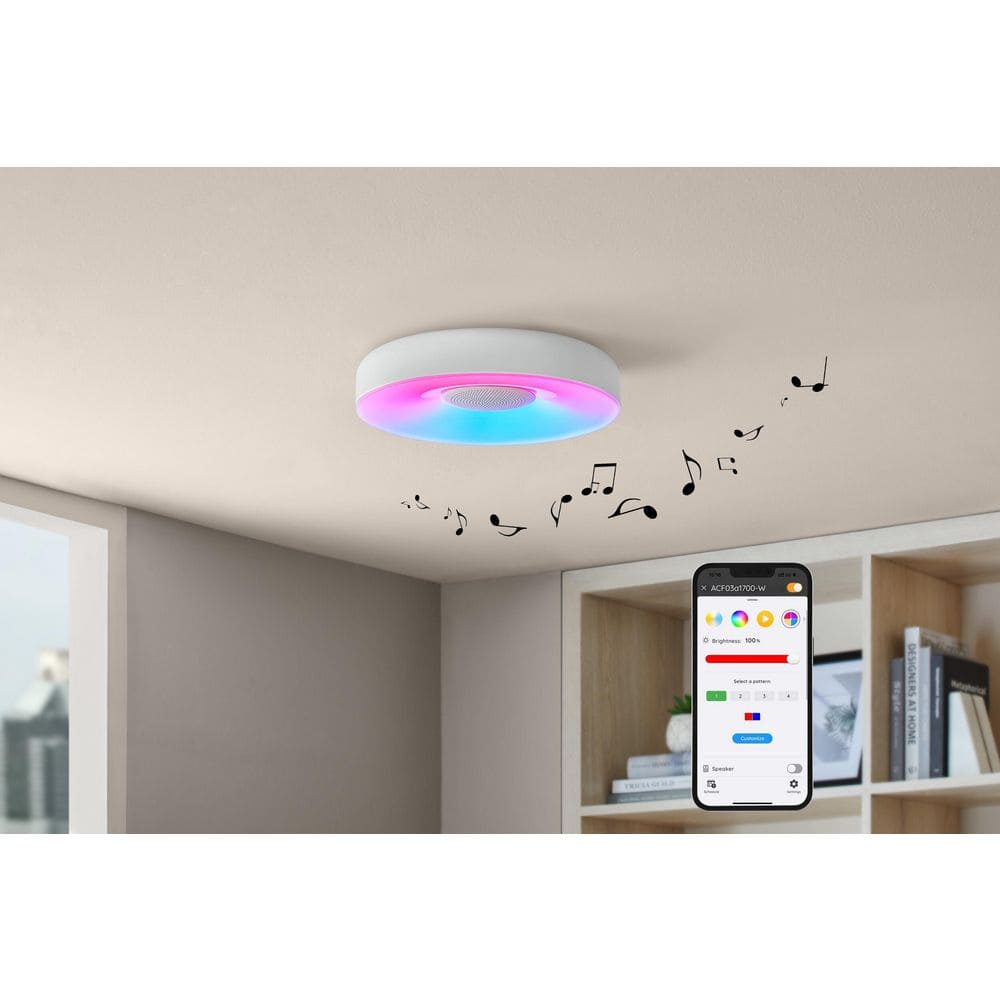 13 in. White Smart Gradient Light Flush Mount with Bluetooth Speaker Powered by Hubspace - Hercitys