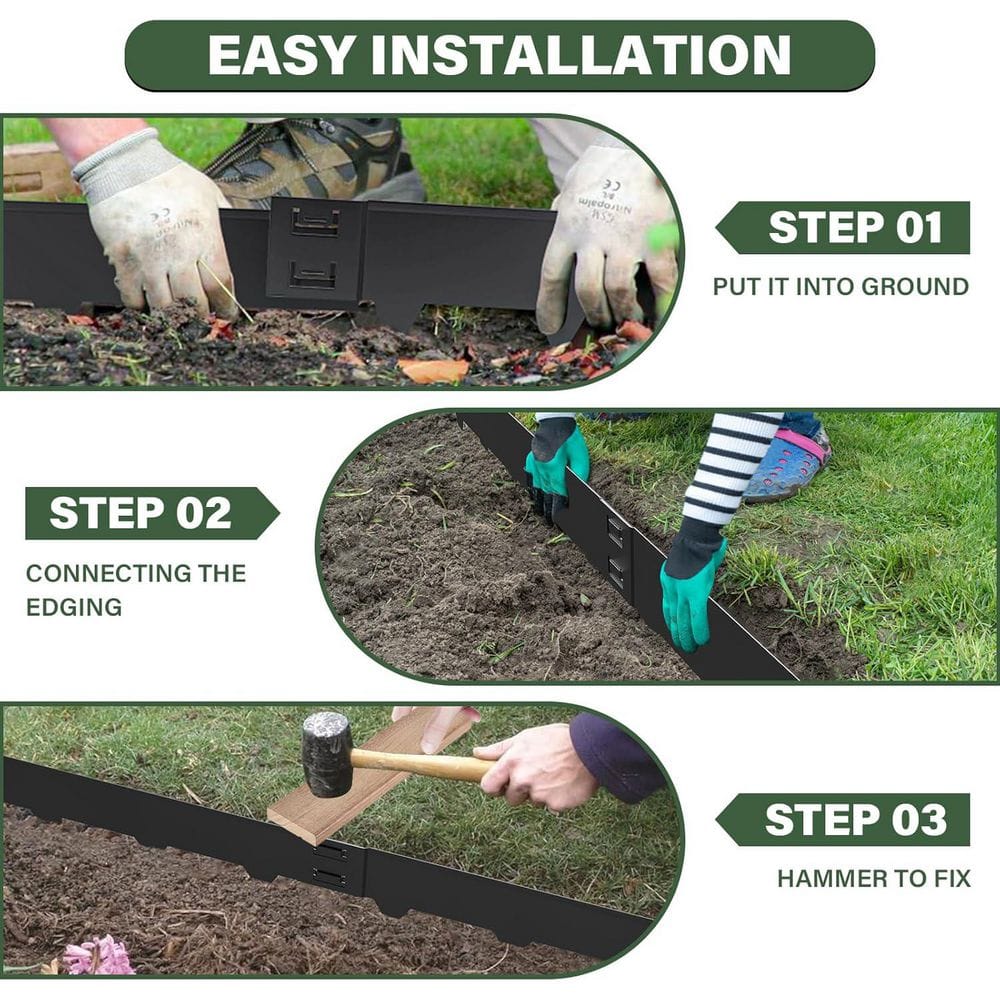 40 in. x 6 in. Galvanized Steel Landscape Edging, 6-Pack, Black, Bendable, 20 ft. Total Length - Hercitys