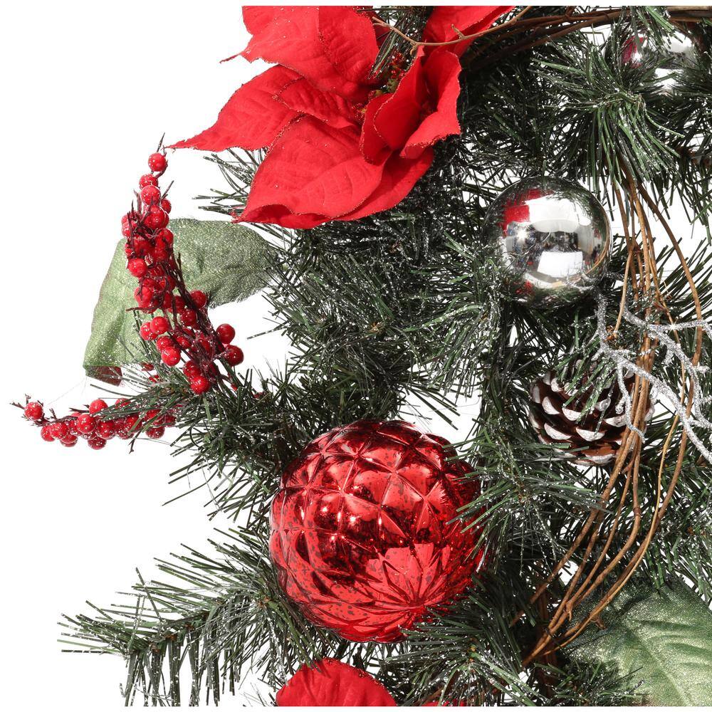 30 in. Red Poinsettia, Berries, Silver and Red Ball and Twig Pine Artificial Wreath - Hercitys