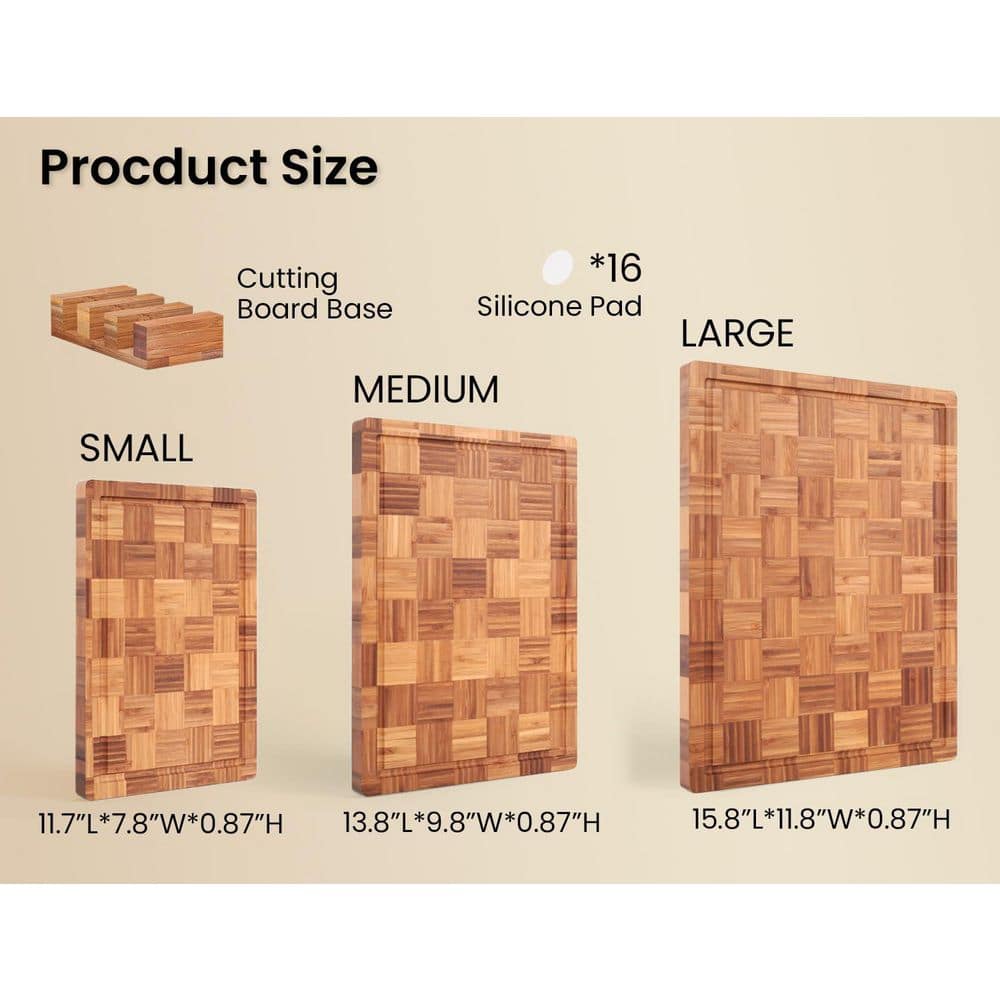 15.8 in. x 11.8 in. Rectangular Bamboo Cutting Boards Set of 3 for Kitchen, End Grain Serving Board with Holder - Hercitys