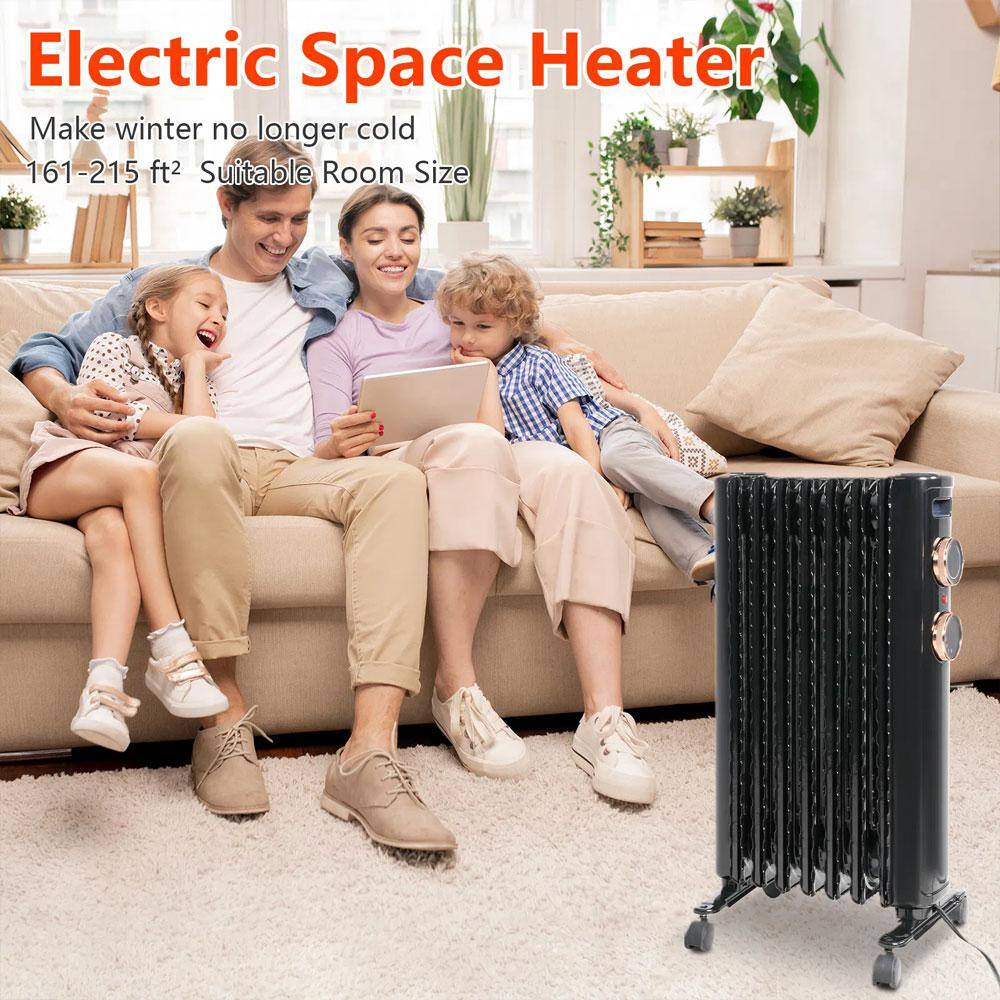 1500-Watt Black Indoor Electric Oil Filled Radiator Space Heater with 3 Heating Modes - Hercitys