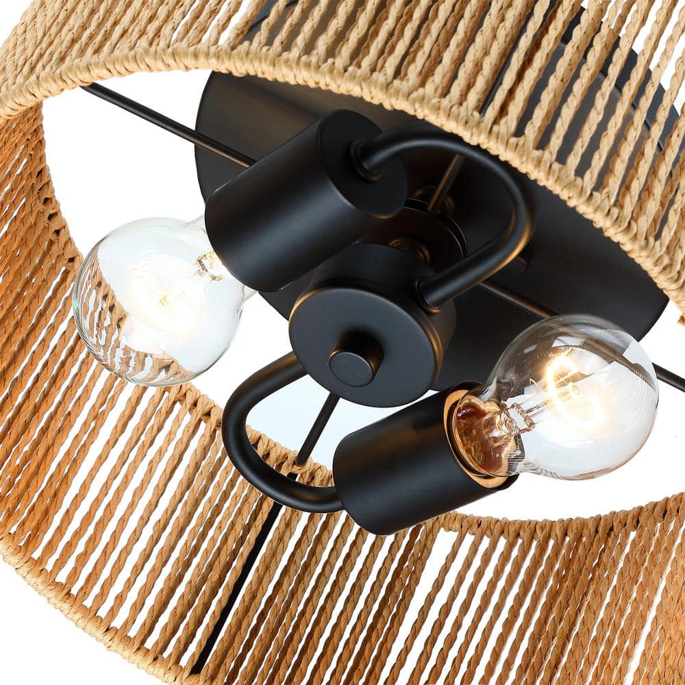 12 in. 2-Light Matte Black Modern Flush Mount with Natural Paper Shade No Bulbs Included - Hercitys