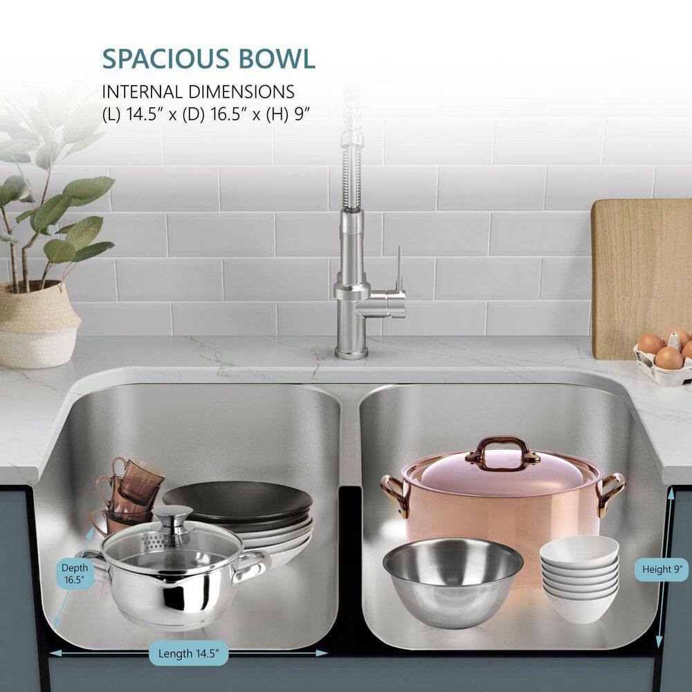 32 in. 50/50 Double Bowl 18-Gauge Stainless Steel Undermount Kitchen Sink - Hercitys