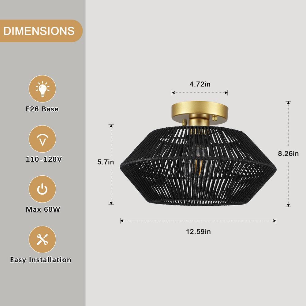12.59 in. 1-Light Gold and Black Metal Semi-Flush Mount Light with Imitation Hemp Rope Shade and No Bulbs Included - Hercitys