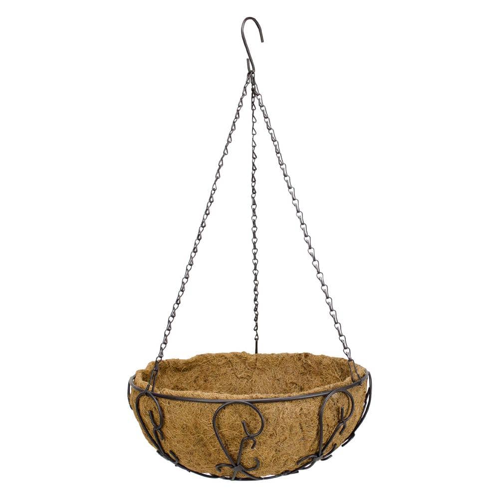 14 in. Painted Steel Filigree Hanging Basket with Coco Liner - Hercitys