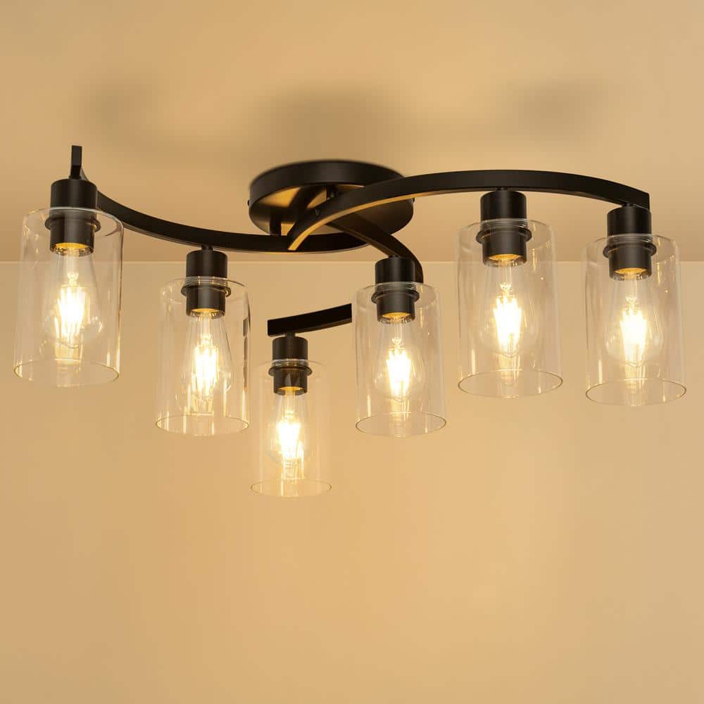 20.5 in. Black Semi-Flush Mount, 6-Light Industrial Ceiling Light, Hallway Light Fixtures with Clear Glass Shades - Hercitys