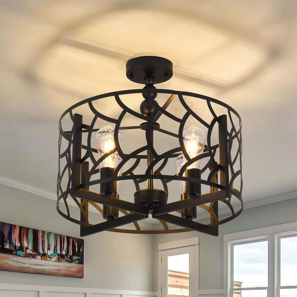 18.9 in. 4-Light Black Industrial Cage Drum Semi-Flush Mount - Hercitys