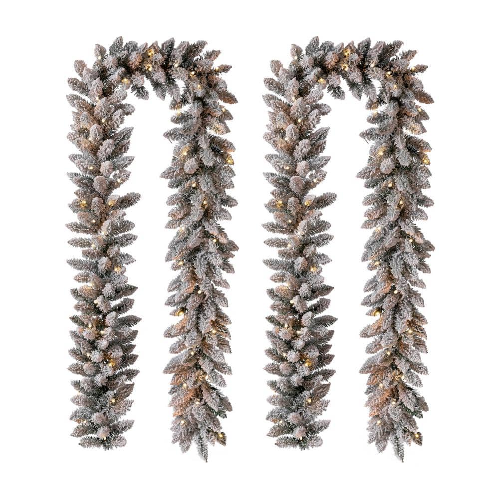 2-Pack 9 ft. Pre-Lit Snow Flocked Artificial Christmas Garland with Warm White LED Lights - Hercitys