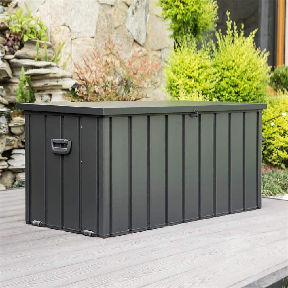100 gal. Outdoor Waterproof Storage Deck Box with Pneumatic Lid, Lockable, for Outdoor Cushions, Pillows, Dark Gray - Hercitys