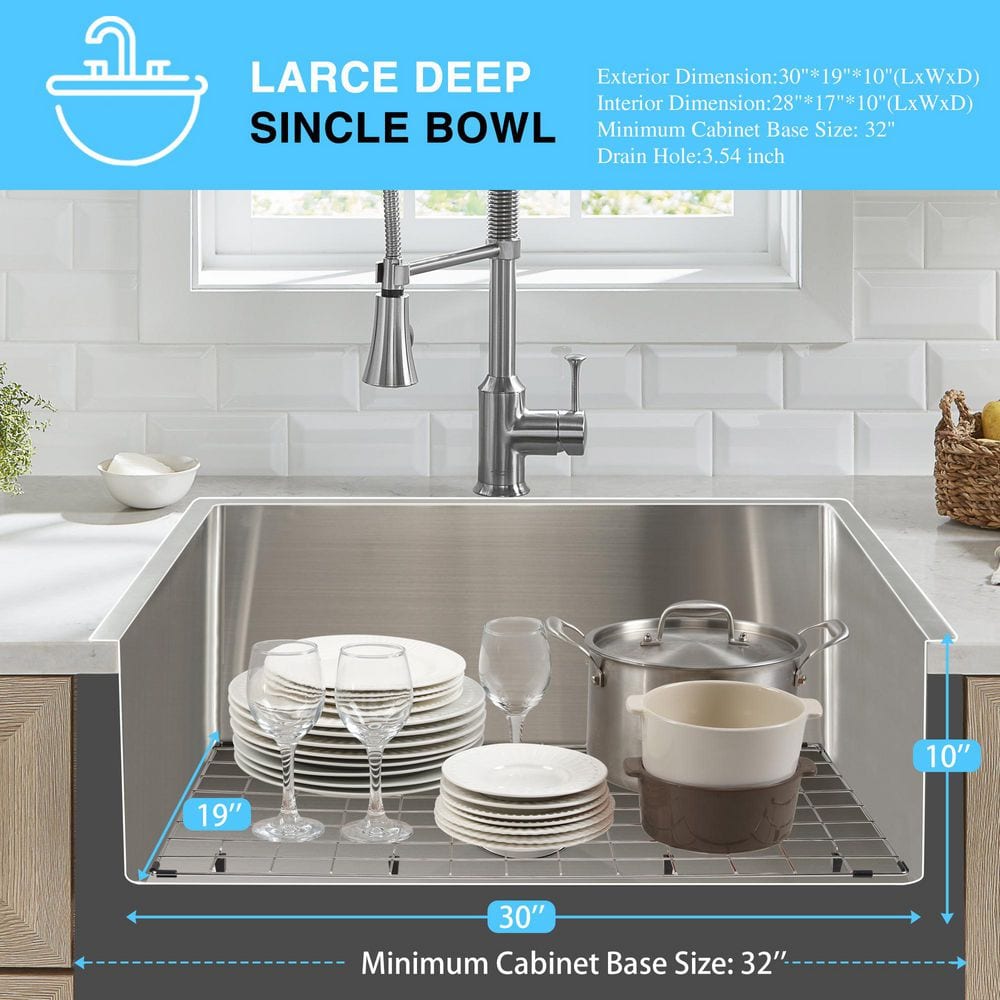 30 in. Drop-In/Undermount Single Bowl 16-Gauge Brushed 304-Stainless Steel Kitchen Sink with Accessories - Hercitys
