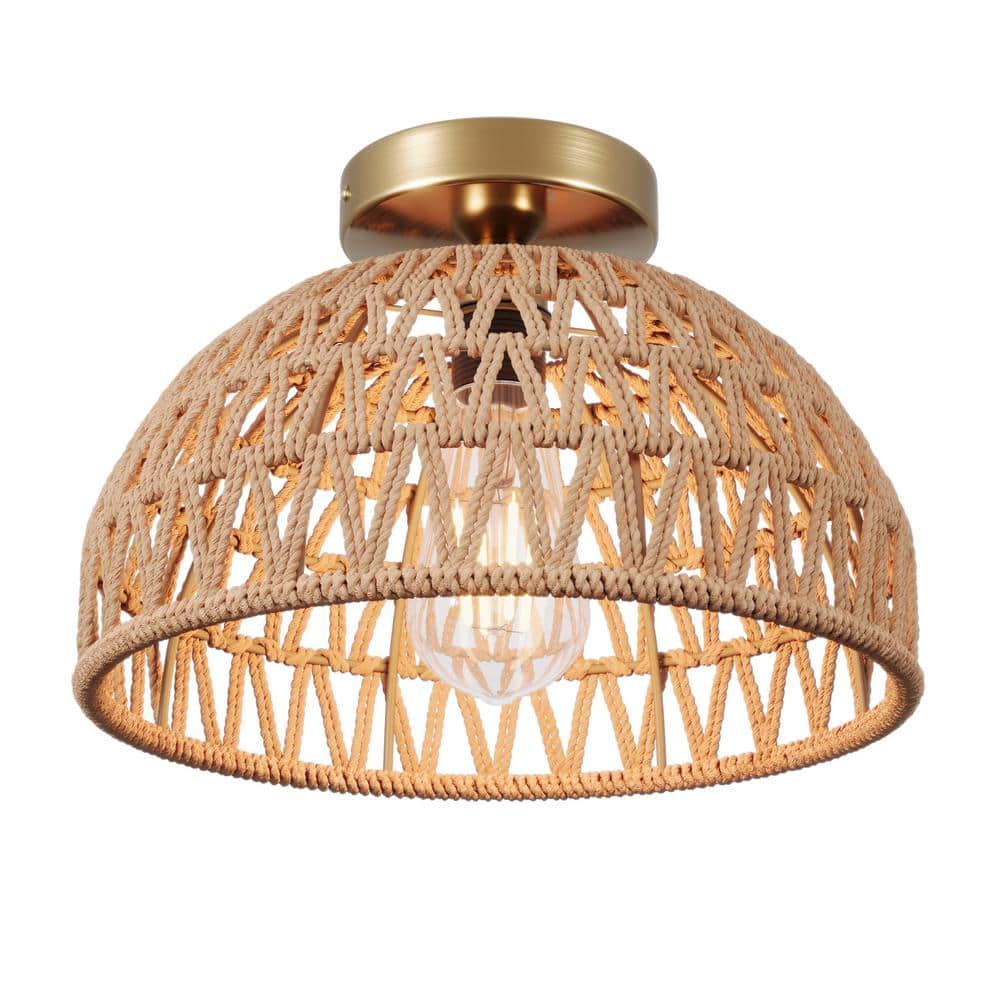 11.02 in. 1-Light Handmade Woven Boho Semi-Flush Mount Rustic Rattan Ceiling Light - Hercitys