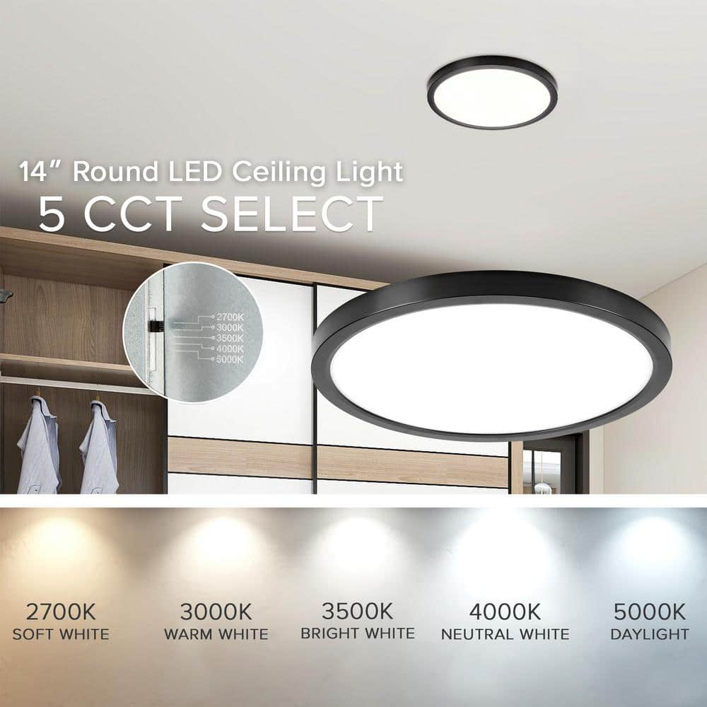 14 in. Black Selectable LED Flush Mount Ceiling Light, 5 CCT 2700K-5000K, 2200 Lumens, Trim Round, Panel Light, Dimmable - Hercitys