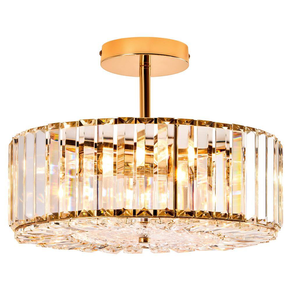 15 in. 4-Light Gold Crystal Semi Flush Mount Ceiling Light With Clear Glass Shade - Hercitys
