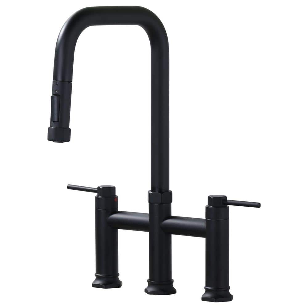 3 Holes Double Handle Brass Bridge Kitchen Faucet with Pull Down Sprayer and Supply Lines in Polished Chrome - Hercitys
