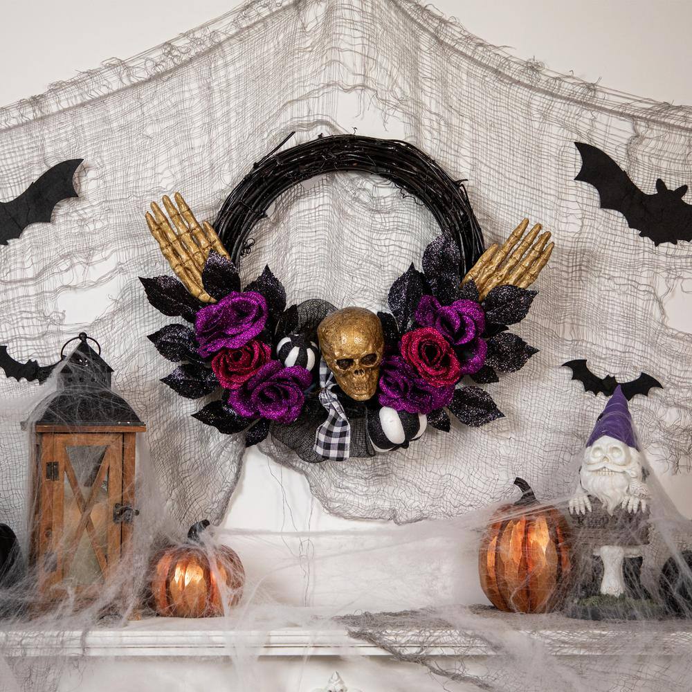 22- Inch Skull with Hands and Purple Roses Unlit Twig Halloween Wreath - Hercitys